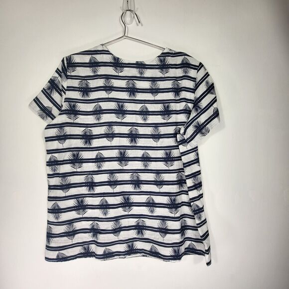 Lands' End Linen Shirt Women Large Tropical Short Sleeve Blouse Blue White Palms - Picture 6 of 8